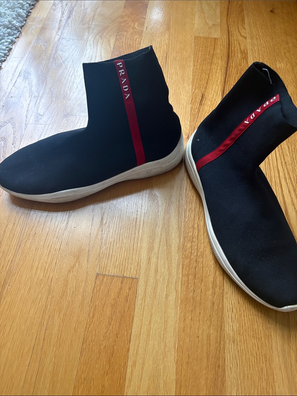Prada Black Sock Sneakers with Red Stripe - Men
